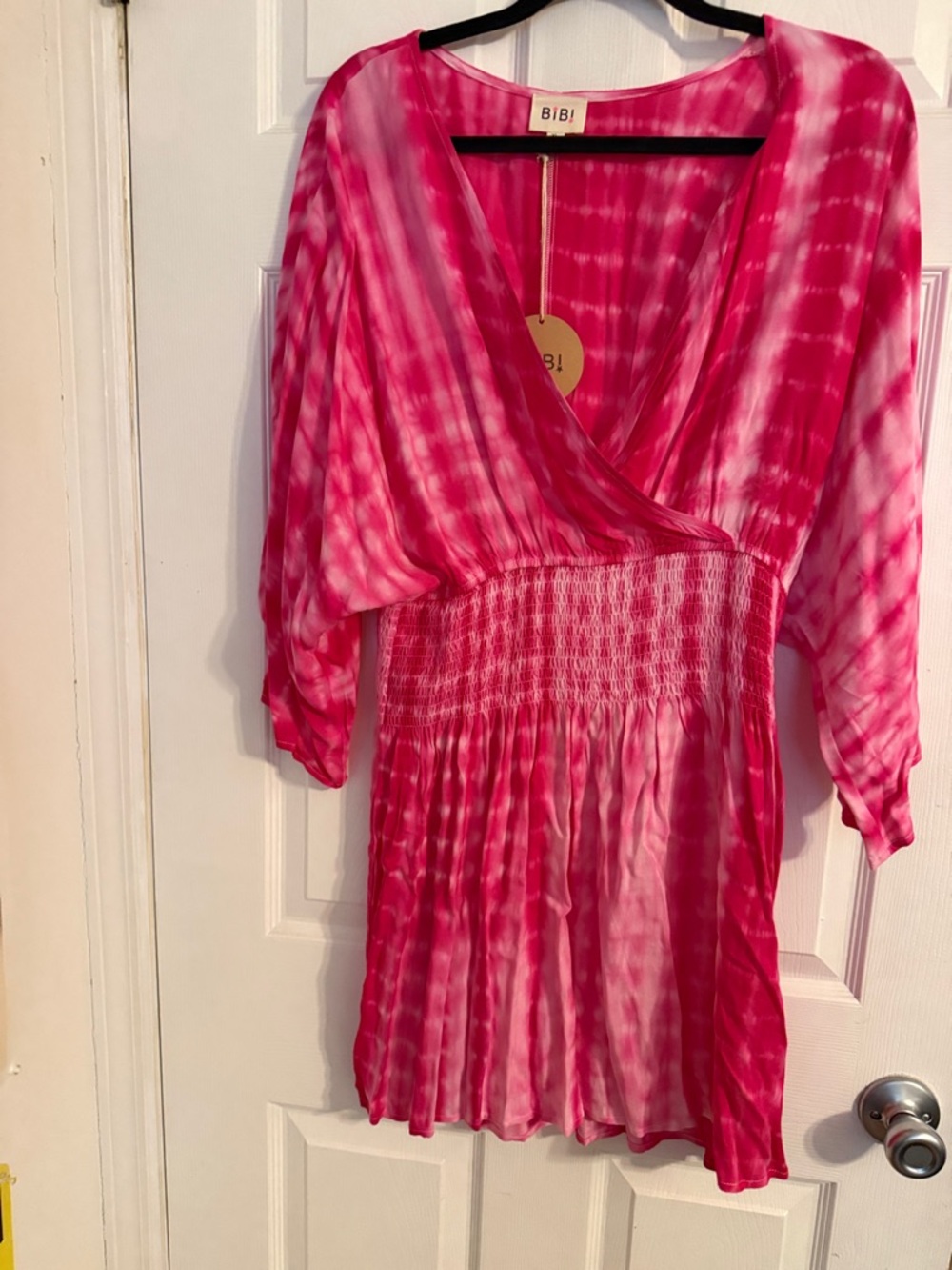 BiBi Pink and White Tie-Dye Surplice Smocked Waist Tunic